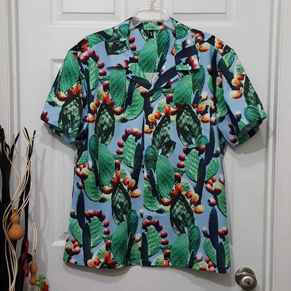 Men Casual Catus Print Button Down with Pocket Size L